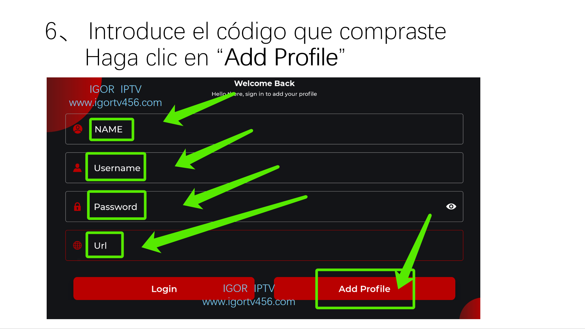 Introducir código y Add Profile